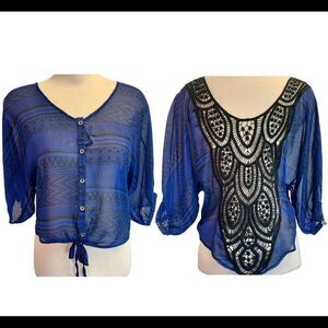 Blue black chiffon lace crocheted Blouse size M/L